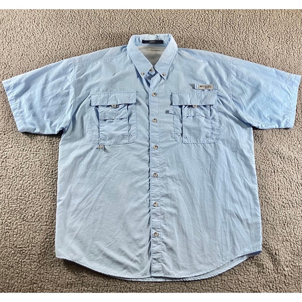 Columbia PFG Bahama II Fishing Shirt Mens Large Light Blue Short Sleeve FM7047